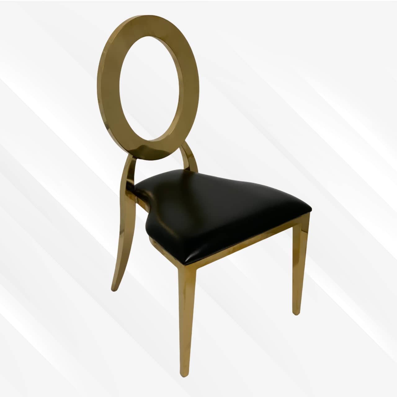 Black and Gold Leather Dining Chair, Gold Polished Steel Frame, Black Cushion