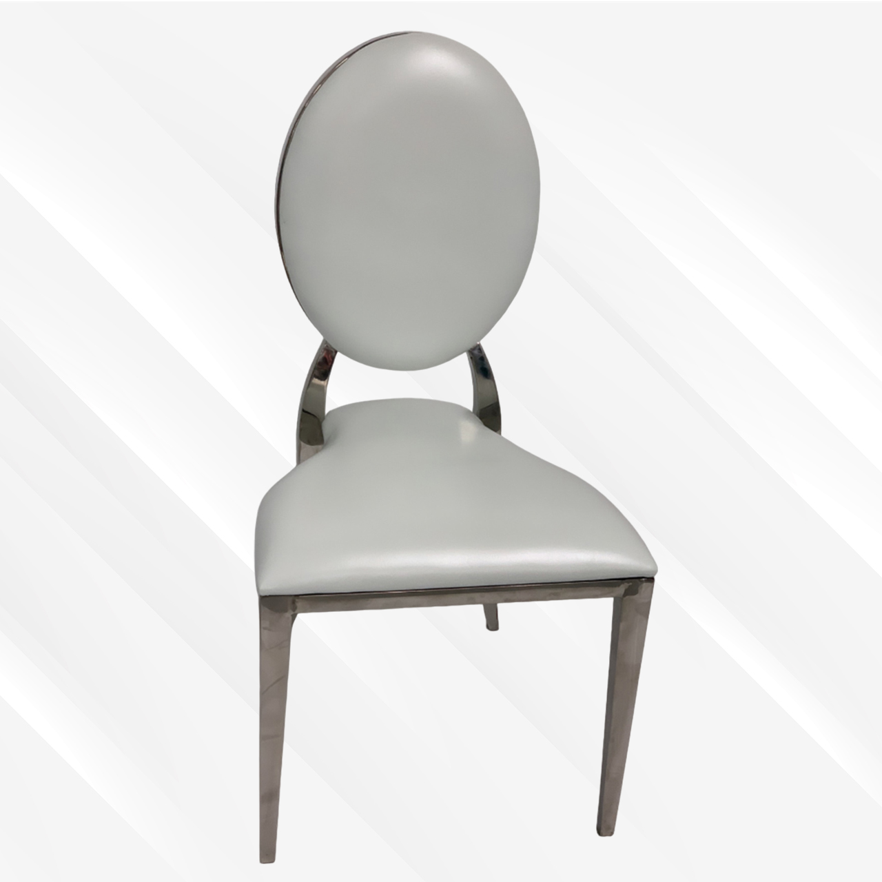 White and Silver Leather Dining Chair, Silver Frame, White Cushion