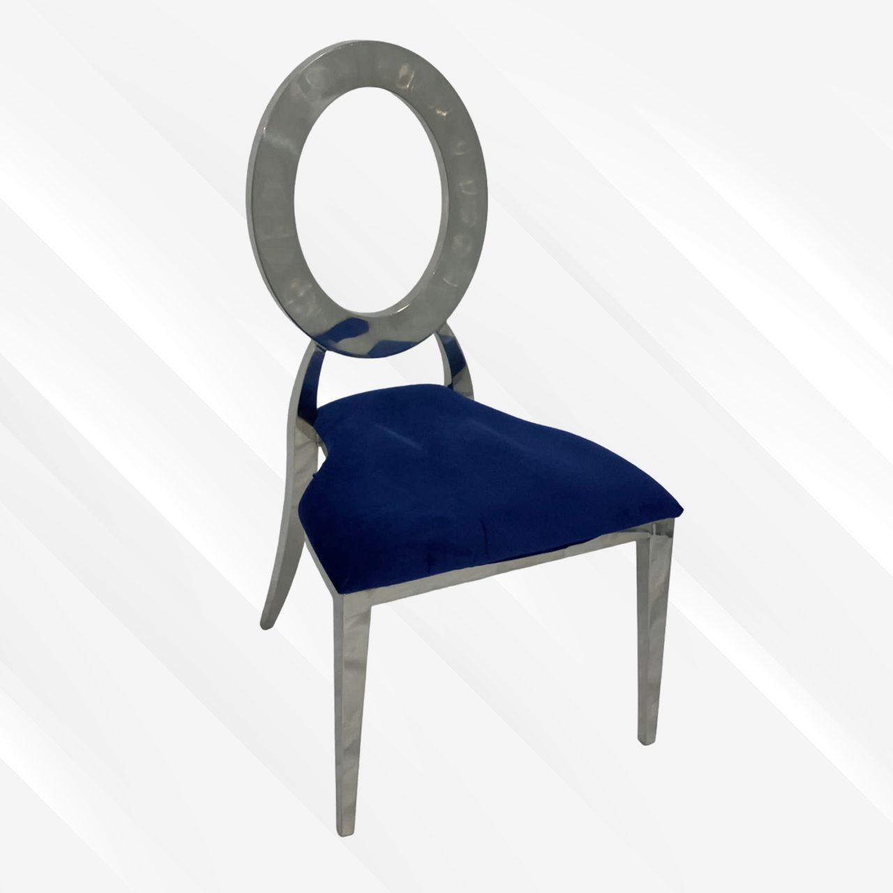 Blue and Silver Velvet Dining Chair, Silver Polished Steel Frame, Blue Cushion