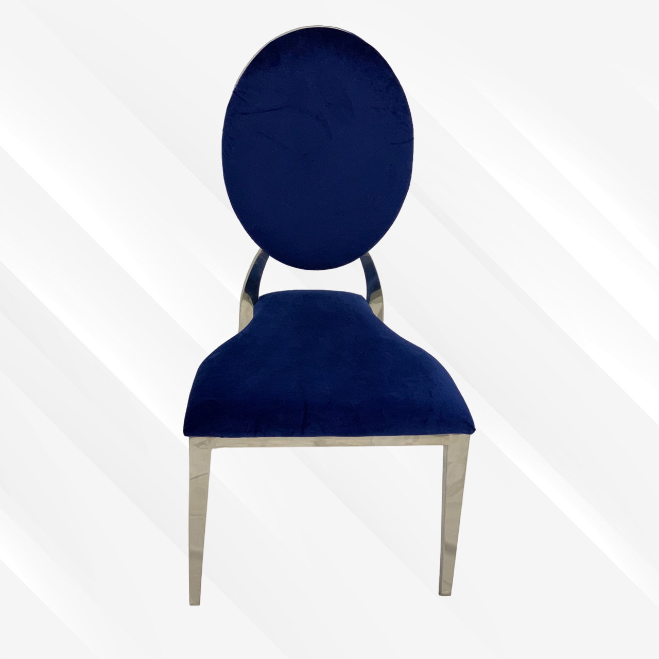 Blue and Silver Velvet Dining Chair, Silver Polished Steel Frame, Blue Cushion